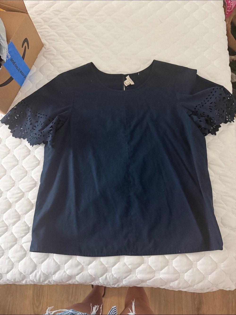 J. Crew Navy Short Sleeve Top with Laser-Cut Scalloped Sleeves